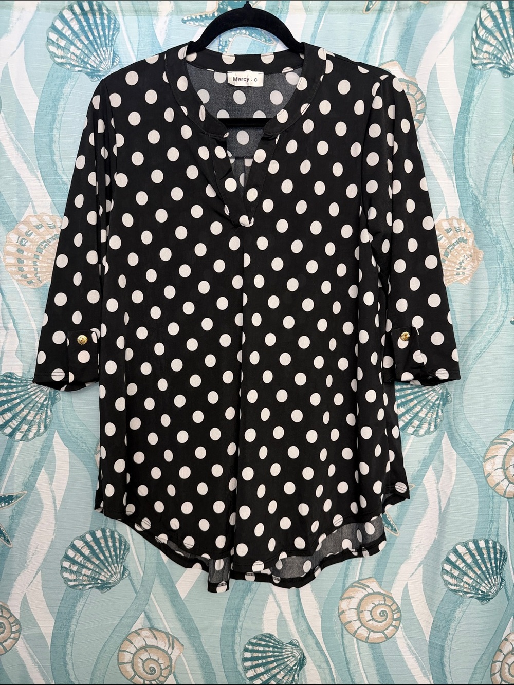 Black Polka Dot Blouse - 3/4 Sleeve V-Neck